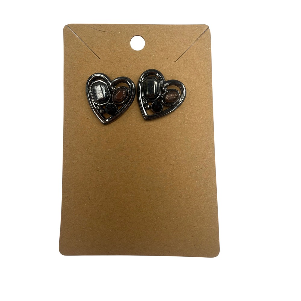 Gunmetal Heart Stud Earrings Brown Black Faux Stone Mixed Media Romantic Edgy